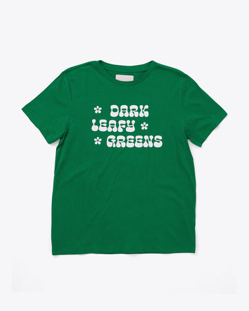 green t-shirt with "DARK LEAFY GREENS" text graphic in 70s style font