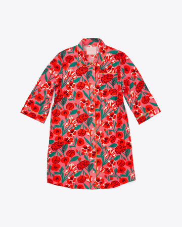 3/4 sleeve pajama dress in red and pink bold floral print with yellow piping detail 