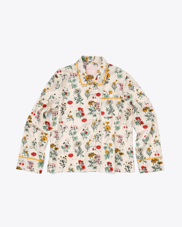 long sleeve pajama shirt in ivory with garden botanical floral print with yellow ricrac trim detail and yellow buttons