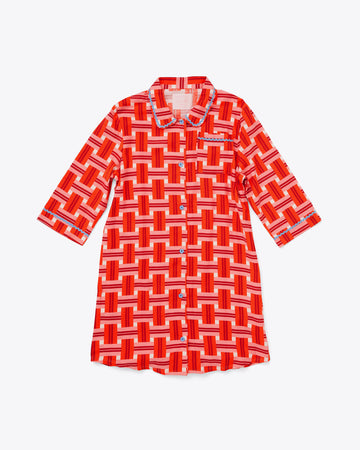 3/4 sleeve pajama dress in red and pink basket weave plaid pattern with light blue ricrac trim detail 