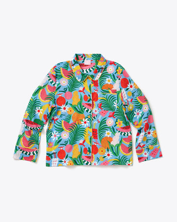 blue long sleeve leisure top with abstract fruit and flower print