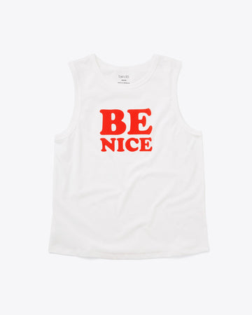 white muscle tank with the words be nice in red lettering
