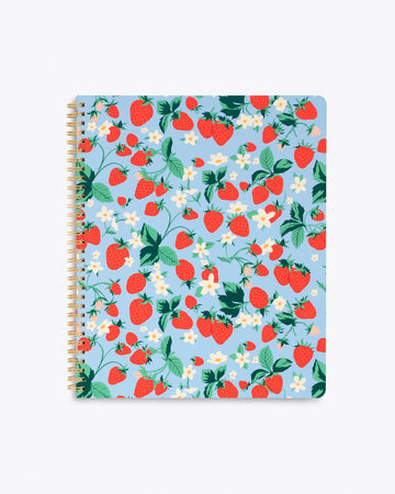 spiral bound notebook cover in blue strawberry floral pattern