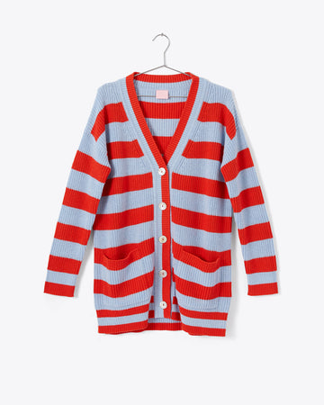 oversized blue and red striped slouchy cardigan with pockets