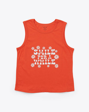 red muscle tank with 'smile for a while' in white lettering