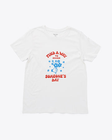 white crew neck tee with 'find a way to make someone's day' in red lettering and graphic in blue