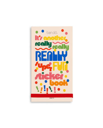 sticker book with cream cover with colorful 'it's another really, really, really, super fun sticker book'  across the front