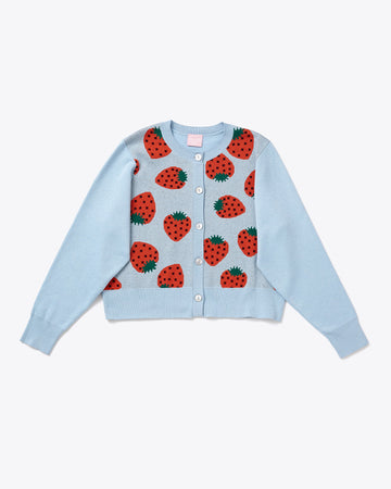 blue cardigan with large strawberry print
