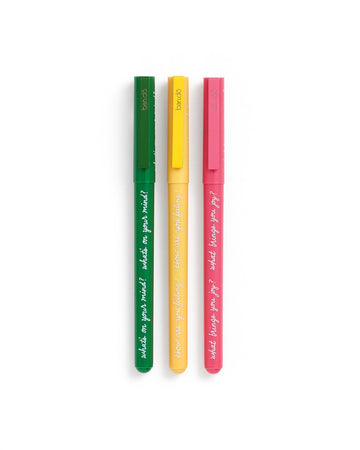 Set of 3 ballpoint pens, green, yellow, and pink. 